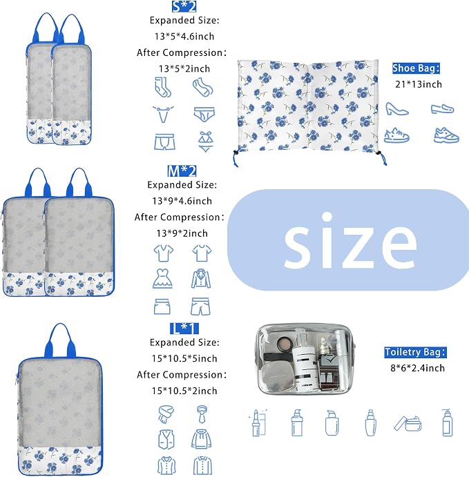 7 Pcs Compression Packing Cubes for Travel Luggage, Lightweight Suitcase Organizer Bags Set, Compression Packaging Cube for Travel Essentials, Packing Cubes for Carry on Suitcase - Image 3