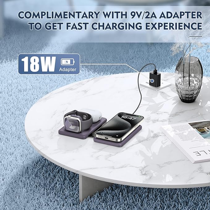 Wireless Charger iPhone - 3 in 1 Charging Station for Apple Devices for iPhone 17 16 15 14 13 12 Pro Max Plus - Foldable Magnetic Charging Pad for Apple Watch Series & Airpods Series