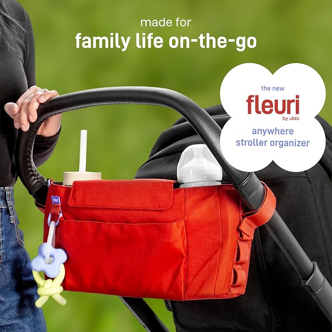 Ubbi Fleuri Anywhere Stroller Organizer, Features Front Zippered Pocket, 2 Cup Holders, Mesh Bag, Fits Most Strollers, Wild Poppy - Image 2