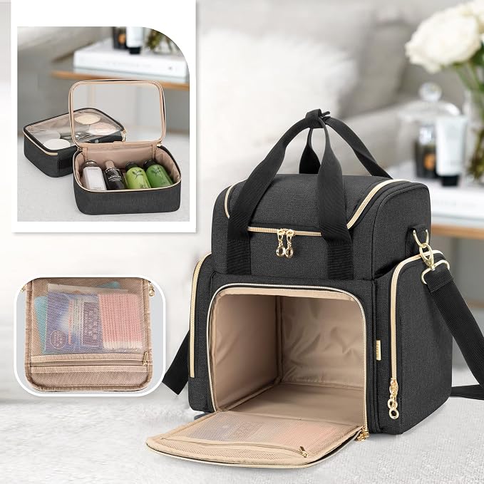 LUXJA Travel Makeup Bag with 2 Removable Makeup Cases, Black | Large Cosmetic Bag with Multiple Storage Sections, 3 Detachable Dividers, Detachable Shoulder Strap, Trolley Sleeve - Image 3