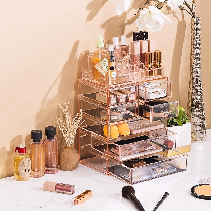 Sorbus Acrylic Makeup Organizer Set, 7-Drawer Vanity & Countertop Cosmetic Storage with Small & Wide Compartments, Pink Makeup Storage for Brushes, Jewelry – Holiday Gift for Women & Teens - Image 5
