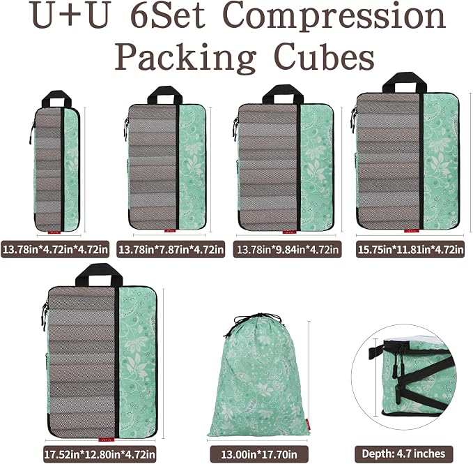 U+U 6 Set Compression Packing Cubes - Ultralight Travel Organizers with Laundry Bag, Space-Saving Suitcase Organizer, Expandable Packing Cubes for Travel, Business Trip and Vacation (Green Paisley) - Image 3