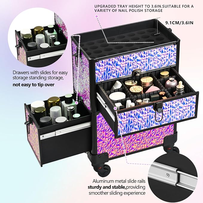 Makeup Train Case with Drawer, Rolling Makeup Case, Cosmetology Case on Wheels, Gift, Large Makeup Case Organizers, Professional for Salon Barber, Nail, Tattoo, Black Colourful - Image 6