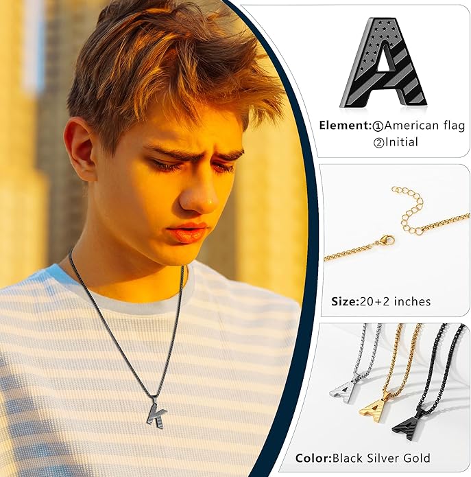 Zocomi Stocking Stuffers Christmas Gift - Initial Necklace Gifts for Men Boys, Stainless Steel American Flag Pendant Jewelry, Christmas Gifts Ideas for Kids Teen Boys
