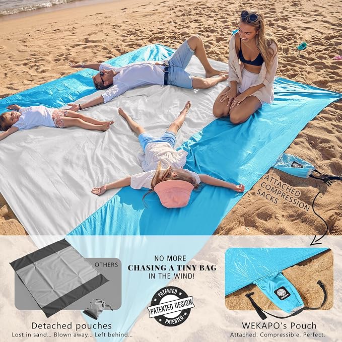 WEKAPO Beach Blanket Sandproof Waterproof, Extra Large Beach Mat, Oversized & Compact Sand Free, Quick Drying Beach Essentials for Vacation, Cruise, Picnic & Camping with Stakes - Image 3