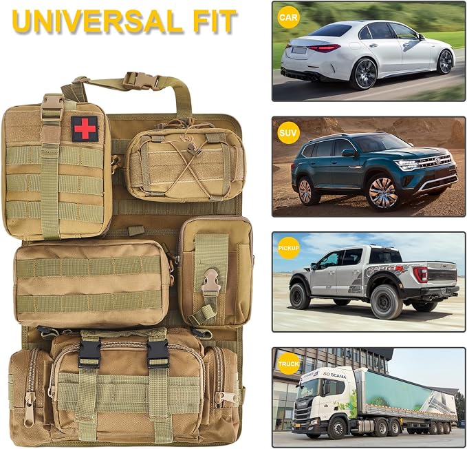 BXBXHD 6 Pack Tactical Truck Organizer Back Seat Storage Car Seat Storage Bag Molle Panels for vehicles, Car and SUV with Lots of Handy Compartments (Khaki) - Image 2