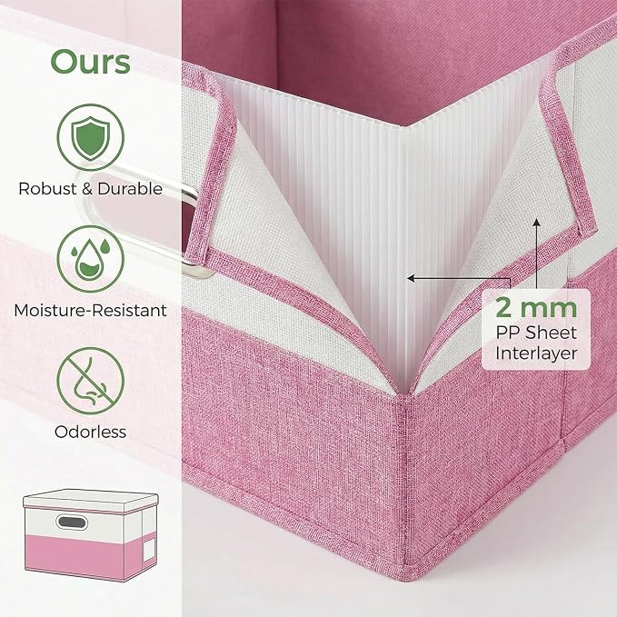 PRANDOM Storage Bins with Lids [3-Pack] Linen Fabric Foldable Storage Boxes Organizer Containers Baskets Cube with Cover for Bedroom Closet Office Pink&White（11.4X8.6X6.7 - Image 4
