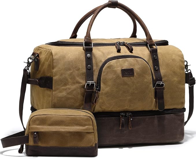 Nerlion Weekender Bag with Shoe Compartment Large Overnight Bag for Men Canvas Genuine Leather Carry on Luggage Bag Travel Duffel Bag(Brown) by Nerlion