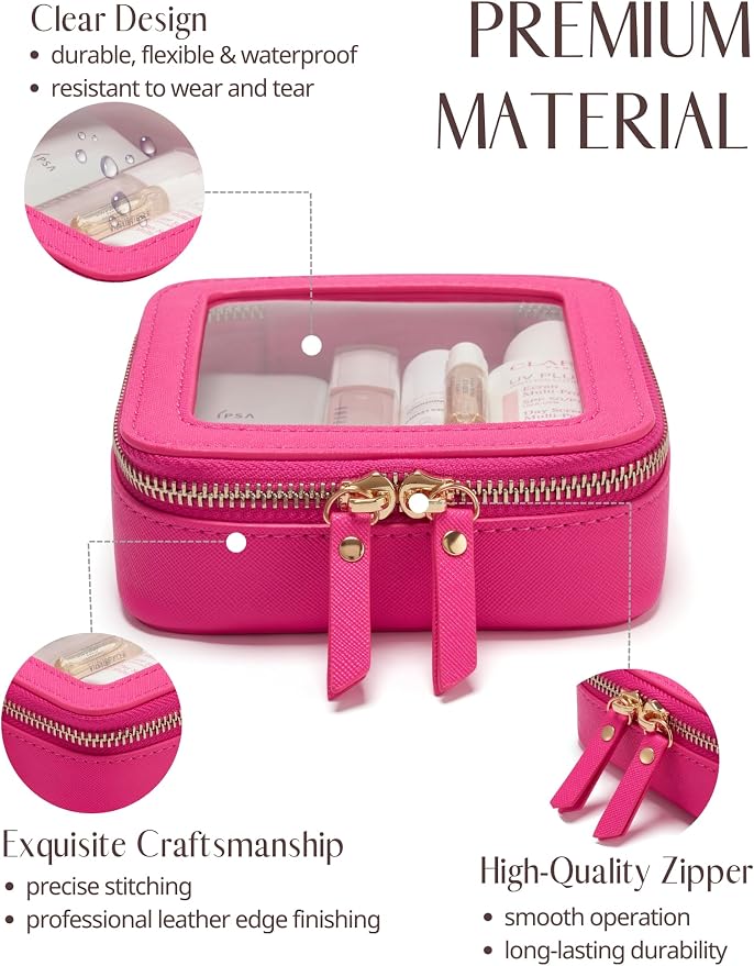 Popvibe Mini Makeup Bag Clear Small Travel Cosmetic Case Leather Cute Hot Pink Pouch for Purse Organizer Make Up Bag for Women Car Toiletry Bag with Zipper for School - Image 2
