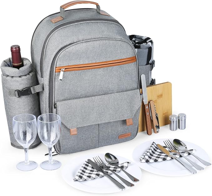 Sunflora Insulated Picnic Backpack for 2 Person Bag with Cooler Compartment, Wine Pouch, Blanket and Stainless Steel Cutlery Set for Couple, Lovers and Friends (Grey) - Image 2