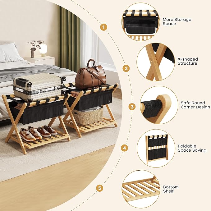 Full Assembled 26.77"L Luggage Rack for Guest Room, Set of 2 Foldable Suitcase Stand with 5 Nylon Straps & Cloth Bag, Luggage Stand Holder with Shoe Shelf for Suitcases Hotel (Natural Wood Bamboo) - Image 3