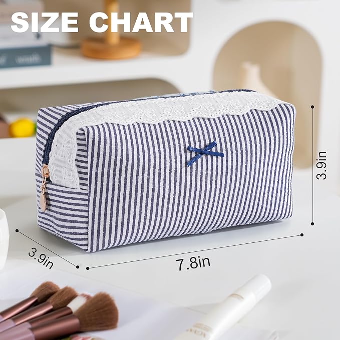 Makeup Bag Travel Toiletry Bag for Women, Small Cosmetic Bags with Lace Trim Cute Navy Stripe Aesthetic Organizer Makeup Pouch for Purse Emergency Bag Pencil Case Accessory Bag - Image 4