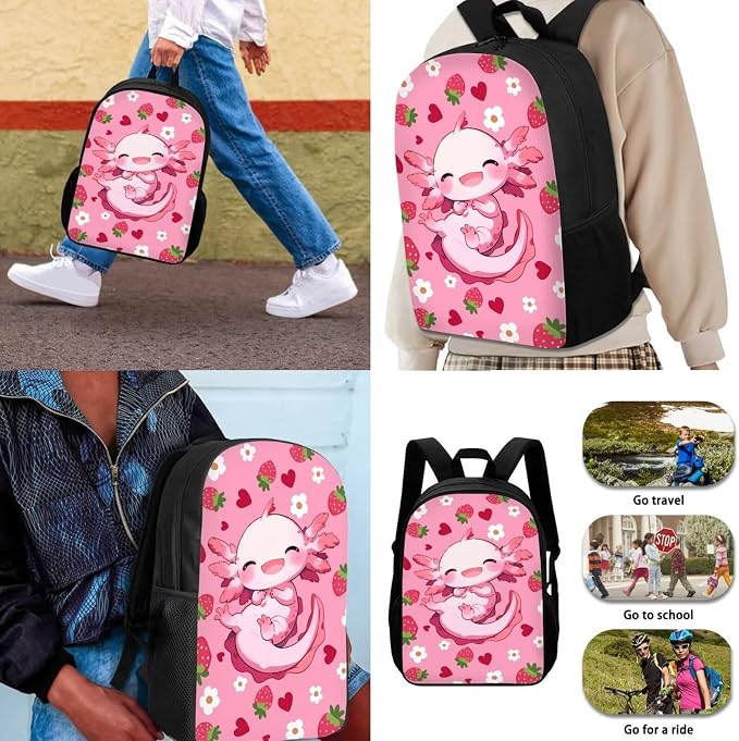 Axolotl Backpack for School Girls 3rd Grade Preppy with Lunch Box Strawberry Bookbag and Lunch Bag Set 17in Elementary Schoolbag Lunch Bag Pencil Case Water Bottle Holder 4 in 1 Back Pack - Image 3