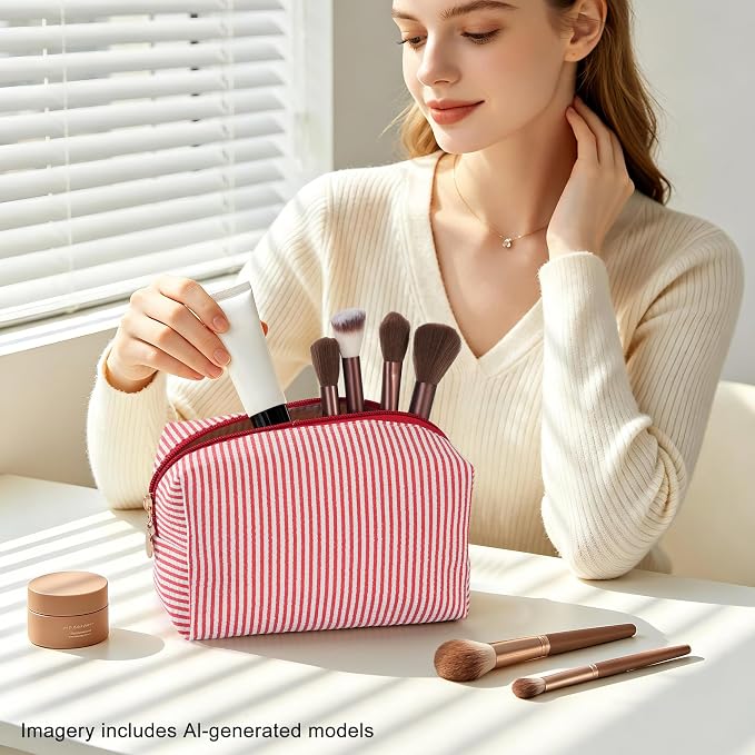 Makeup Bag Set for Women, 6PCS Travel Cosmetic Bags Pencil Case, Striped Seersucker Toiletry Organizer Pouches, Cute Makeup Pouch for Purse, Accessories and Gifts, Red - Image 5
