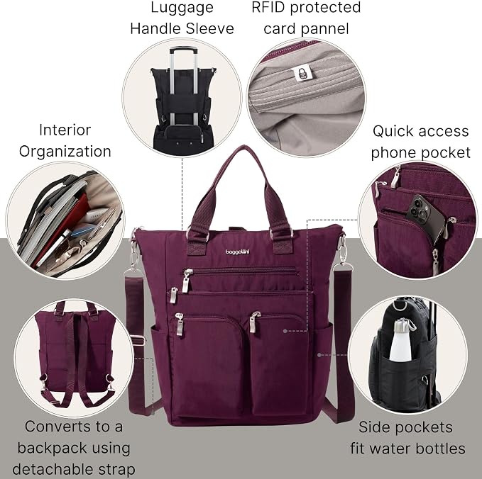 Baggallini All Set 3 in 1 Tote Backpack - 15"x10.5" Lightweight Travel Bag w/RFID Phone Wristlet - Image 4