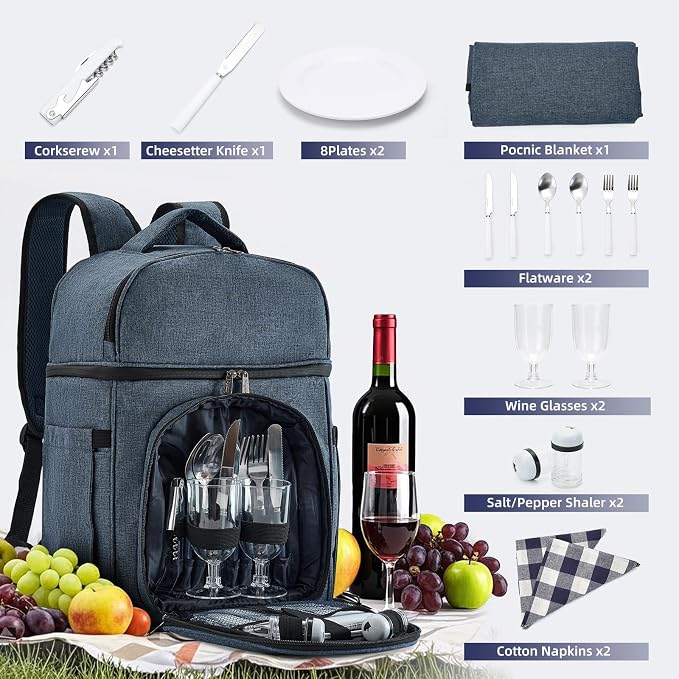Vogano Picnic Backpack & Accessories – Insulated Picnic Set for 2 Person with Dual Compartments, Lightweight Blanket, Cutlery Set, for Newlyweds and Couples Gifts Blue - Image 4