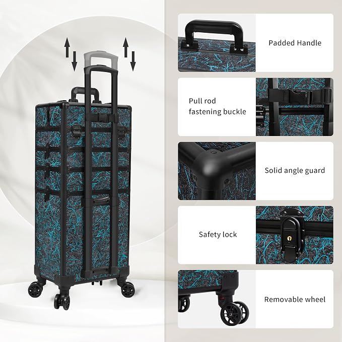 Rolling Makeup Train Case with Lid Cosmetology Case on Wheels | 5 in 1 Large Cosmetic Trolley Organizer Travel for Hairstylist Artist Nail Beauty Salon Barber Cart Trunk, Blue - Image 5
