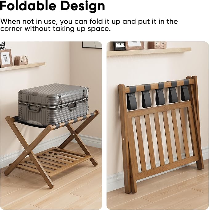 Smuxee Fully Assembled Black Walnut Luggage Rack, Upgraded Bamboo Foldable Suitcase Stand with 5 Nylon Straps, Luggage Holder with Shelf for Guest Room Bedroom Hotel - Image 2
