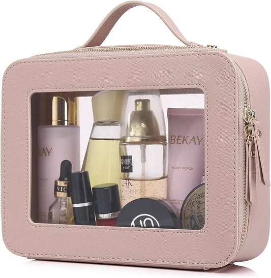 Pinkmik Clear Makeup Bag for Women Waterproof Travel Cosmetics and Toiletries Case Portable Makeup Oaganizer Bag Clear Car Bag with Zipper (Pink, L) by Pinkmik