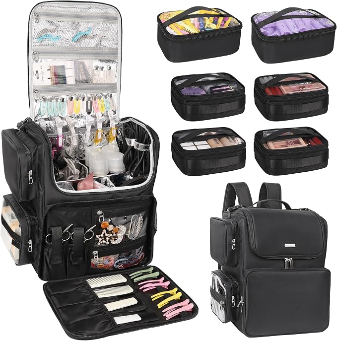 Relavel Hair Tools Travel Bag with 6 Pcs Clear Bags, Hair Stylist Backpack Hairdresser Cosmetology Bag, Heat Insulation Full Layer for Curling Iron, Hair Straightener, Travel Accessories Train Case by Relavel