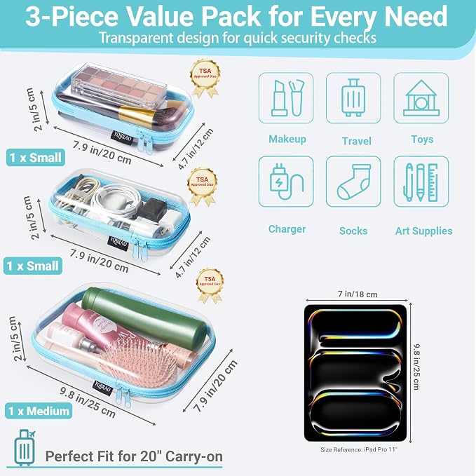 6 Pack Blue Clear Hard Shell Beauty Organizer (2M+4S), 1.2mm Heavy Duty Crush-Proof Cosmetic Case, Reinforced YKK Zippers, Stadium Approved Security Bag for Skincare & Electronics, Multi-Size Set - Image 4