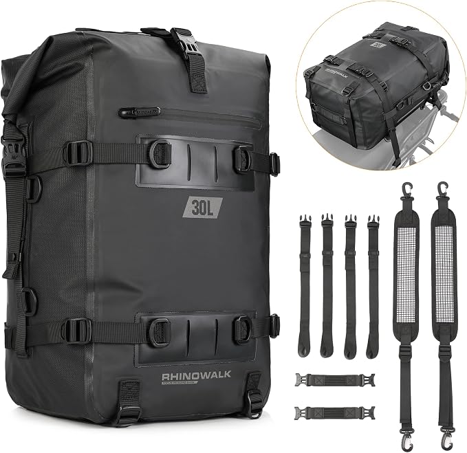 Rhinowalk Motorcycle Tail Bag, Travel Luggage Bags, Waterproof Rear Carrier, Motorcycle Rear Seat Bag Backpack, Rear Rack Trunk - Black 30L by Rhinowalk