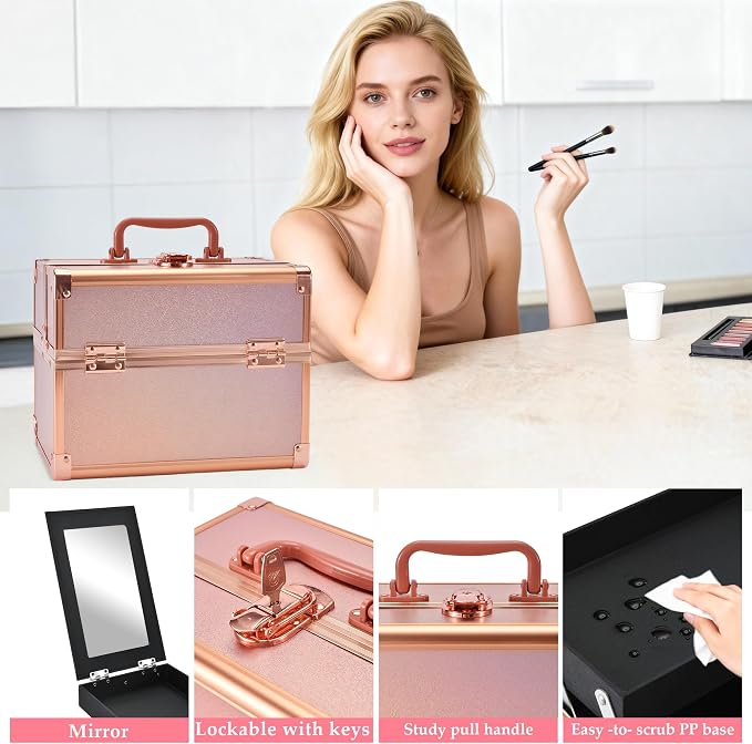 Makeup Train Case, Portable Makeup Case with Mirror, 2-Trays Cosmetic Organizer Case,Nail Polish Organizer, Travel Makeup Box, Profesional for Salon Barber, Rose Gold - Image 4