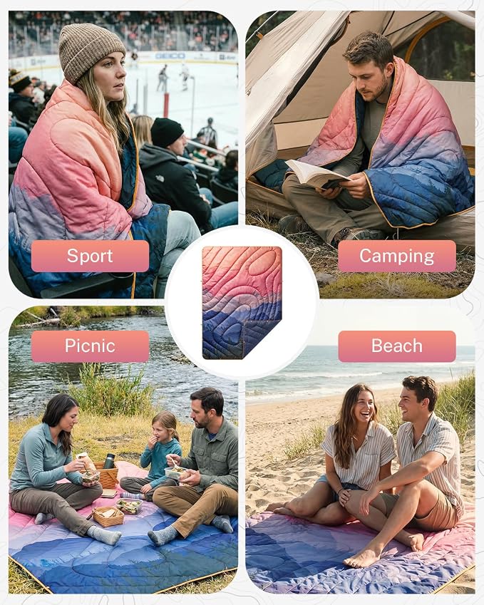 Gonex Camping Blanket with Aero-Warmth Breathable Layer - Puffy Printed Packable Blanket, Ultralight Wearable Water-Resistant Quilt, 79" X 55" for Camping, Beach, Hiking, Travel, Picnics(Sunset) - Image 6