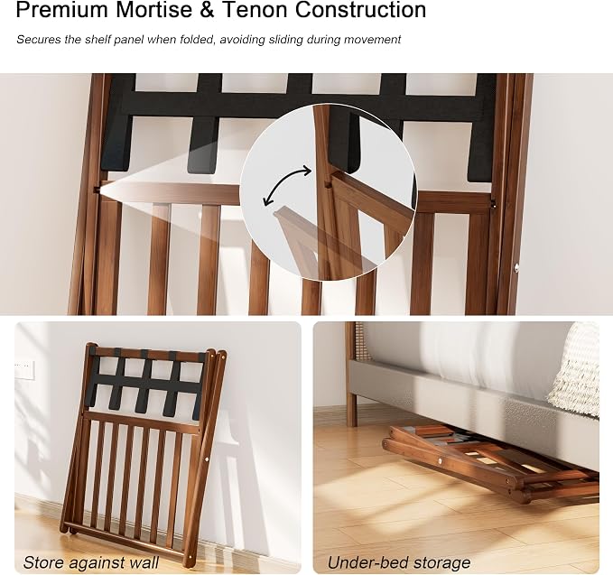 Fully Assembled Luggage Rack for Guest Room, Bamboo Suitcase Stand with Foldable Storage Shelf, Crossed Nylon Straps Folding Luggage Holder for Bedroom and Hotel, Walnut - Image 3