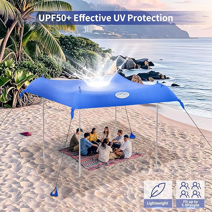 UMARDOO Family Beach Tent Canopy Sun Shade Portable 10×10FT, Large Wind Resistance Beach Sun Shelter Easy Setup with Packable Carry Bag for Outdoor Travel UPF 50+ (Blue) - Image 3