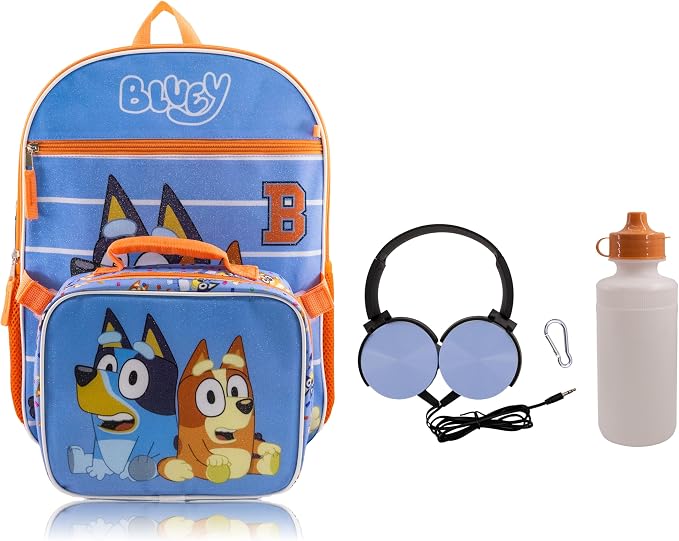 Bluey Backpack With Lunch Box for Kids | Insulated Lunch Bag Lunch Box for Boys, Girls, Toddlers | Backpack for School and Reusable Lunchbox with Matching Headphones and Water Bottle by FASTFORWARD