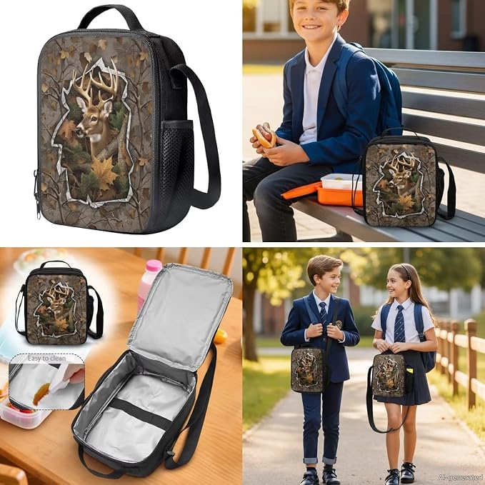 GIFTPUZZ 4 Piece Camo Deer American Flag Backpack Set for Kids | Patriotic Bookbag with Lunch Box for Boys Elementary School, Zip up Pencil Case, Water Bottle Sleeve, Summer Camp, Ages 6-8 - Image 4