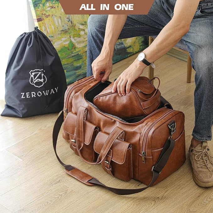 Zeroway PU Leather Travel Duffel Bag with Toiletry Dopp Kit and Laundry Bag, Weekender Overnight bag Luggage Carry-On Bag with Shoe Pouch for Men or Women Brown - Image 7