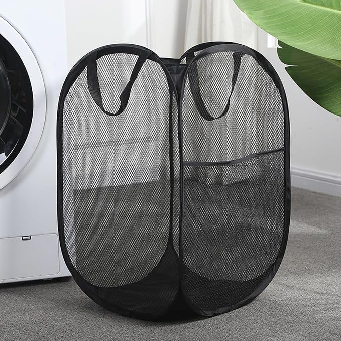 4Pcs Pop Up Laundry Hamper – Large 70L Collapsible Mesh Basket for Home, College Dorm & Apartment, Foldable Lightweight Hamper with Handles & Side Pocket (3 Black + 1 Pink) - Image 2