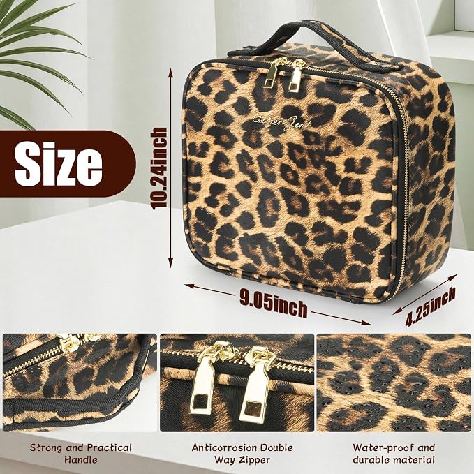 Makeup Travel Train Case with Mirror LED Light 3 Adjustable Brightness Cosmetic Bag Portable Storage Adjustable Partition Waterproof Makeup Brushes Makeup Jewelry Gift for Women (Leopard Print) - Image 2
