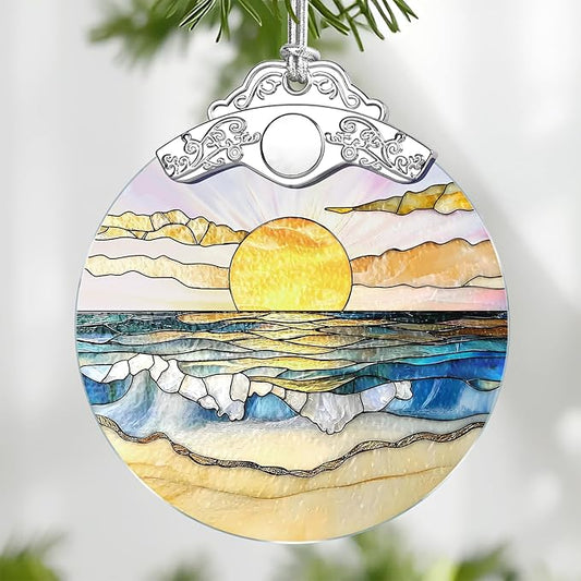 Beach Sunset Stained Glass Ornament, Christmas Ornament – Christmas Tree Decor, Holiday Decoration, Stocking Stuffer, Festive Gift Idea, Gifts for Ocean Lover, Nature Lover, Friend, and Family