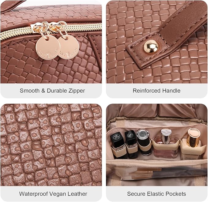 Travel Makeup Bag for Women: Designer 3 Pcs Set Cosmetic Bags for Women - Large Capacity Vagen Leather Hand-made for Toiletry Organizer - Ladies Travel Flat Open Essentials for Luxury (07Brown) - Image 4