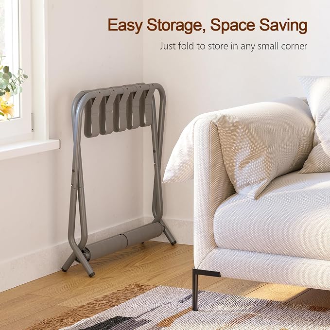 AMHANCIBLE Luggage Rack, Set of 2, Foldable Suitcase Stands for Guest Room, Metal Luggage Holder with Storage Shelf for Bedroom, Hotel, Easy Assemble, HLR02GY - Image 4