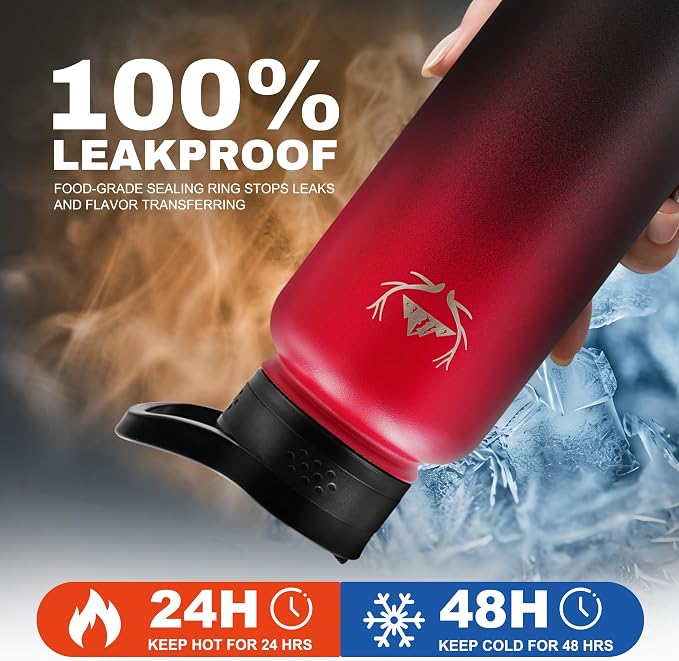 NATURE PIONEOR 40 oz Insulated Water Bottle with Carrier Bag & 3 Lids | 18/8 Food-grade Stainless Steel, Double Vacuum Insulation, 3 Leak-proof Lids, Strap, Camping, Hiking, Gym, Work - Image 3