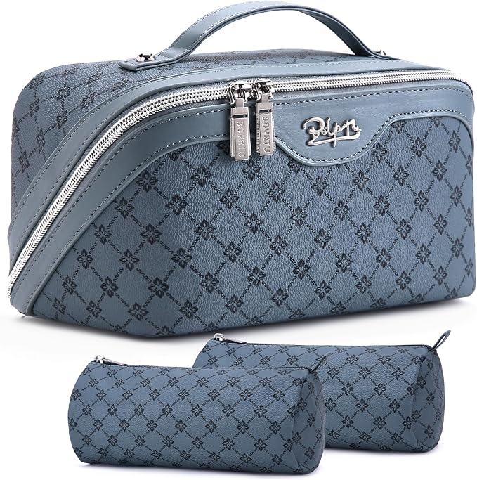 BOYATU Travel Makeup Bag Cosmetic Bags for Women: 3 Pcs Set Large Capacity Make up Bag with Handle - Vegan Leather Toiletry Bags with Compartments - Makeup Organizer for Travel Essentials(A-4-Blue) by BOYATU