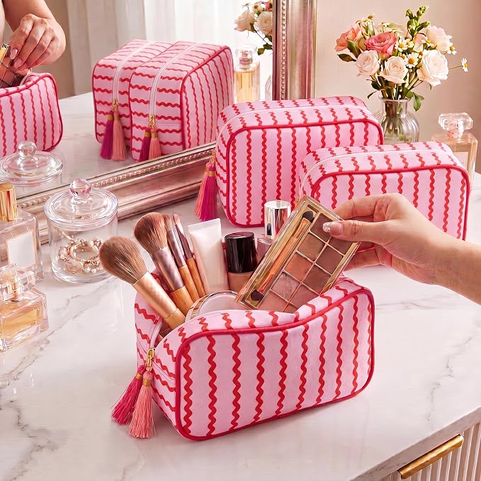 Kacctyen 6 Pack Raspberry Red and Light Pink Striped Makeup Bag bulk with Tassel Travel Cosmetic Pouch Organizer Large Zipper Toiletry Case for Women Aesthetic Storage Pouch Mahjong Tile Bag - Image 3