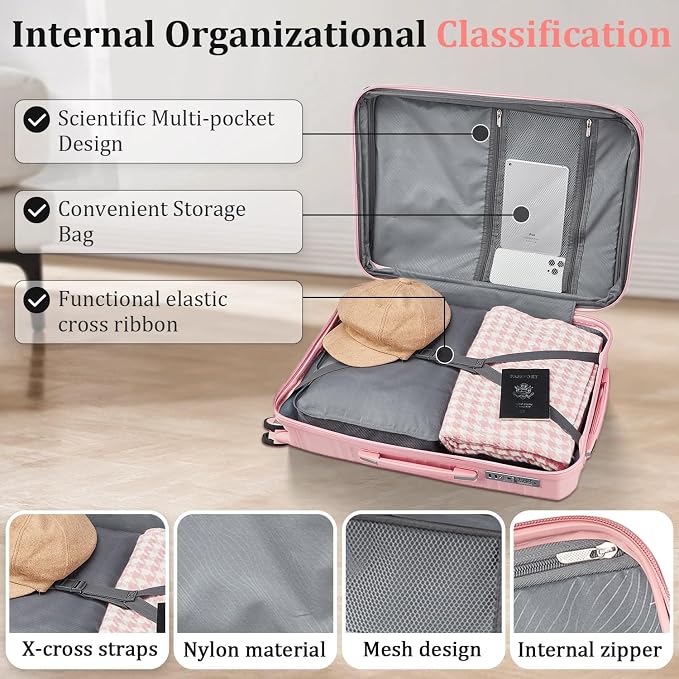 TRAVELEO 4 Piece Luggage Set PP Hardshell, Expandable Suitcase Set (20/24/28) with 14" Cosmetic Case, Lightweight Spinner Wheels with TSA Lock, Detachable Wheels for Nesting Storage (Pink) - Image 6