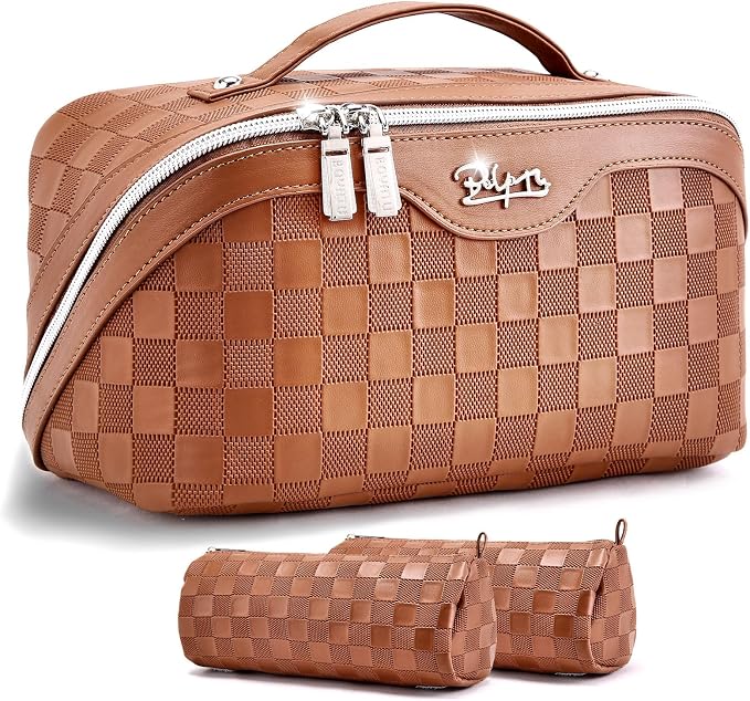BOYATU Travel Makeup Bag Organizer: 3 Pcs Set Large Capacity Cosmetic Bags Holds 10–20 100ml Full-Size Bottles - 180°Open-Flat Make up Case 3-sec touch-up - Toiletry Bag Gift women (03-A-Brown) by BOYATU
