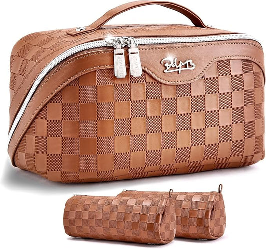 BOYATU Travel Makeup Bag Organizer: 3 Pcs Set Large Capacity Cosmetic Bags Holds 10–20 100ml Full-Size Bottles - 180°Open-Flat Make up Case 3-sec touch-up - Toiletry Bag Gift women (03-A-Brown) by BOYATU