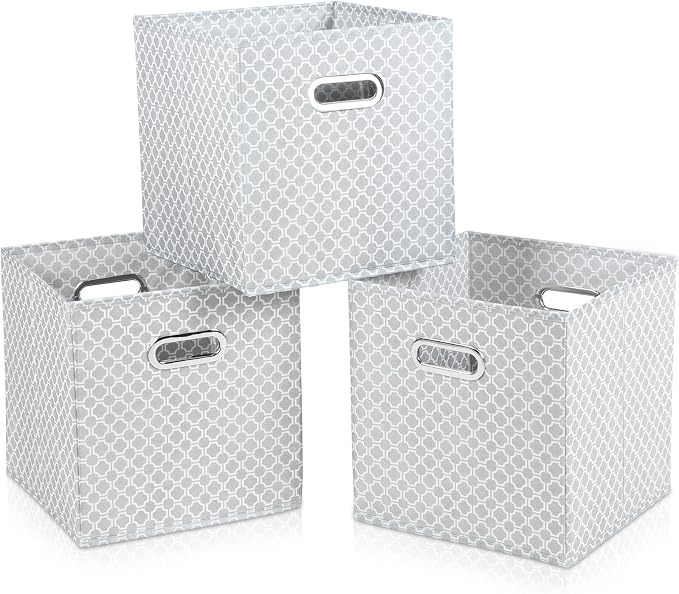 Fabric Cloth Storage Bins,Fabric Cube Organizer with Dual Handles Foldable Cube Storage Baskets for Home Bedroom Storage,Set of 3,（Light Grey） by SEVENDOME