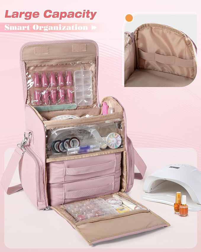 Marscamd Nail Polish Organizer Bag Holds 70 Bottles and Nail Lamp, Nail Polish Storage Case with 2 Removable Bags and Multiple Pockets, Pink - Image 2