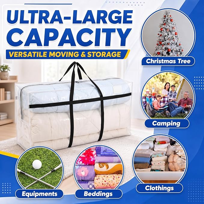 Windyun 4 Pack 98 Gallon Extra Large Moving Bags XXL Heavy Duty Storage Bag with Strong Zipper Handle Jumbo Big Tote Box Foldable for College Dorm Travel Clothes Duffle Blanket Pillow(Transparent) - Image 4