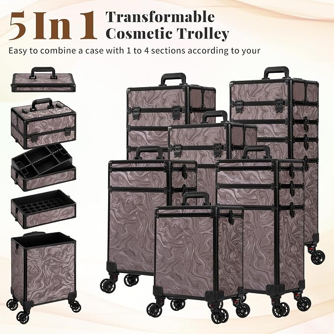 Rolling Makeup Train Case with Lid Cosmetology Case on Wheels | 5 in 1 Large Cosmetic Trolley Organizer Travel for Hairstylist Artist Nail Beauty Salon Barber Cart Trunk, Brown Ink - Image 2
