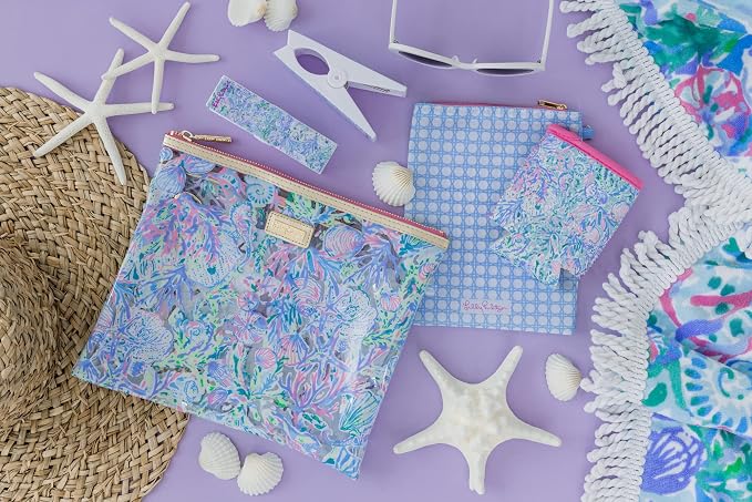 Lilly Pulitzer Water Resistant Vinyl Beach Day Pouch, Zipper Bag Includes Drink Hugger, Small Pouch, and Towel Clips - Image 4