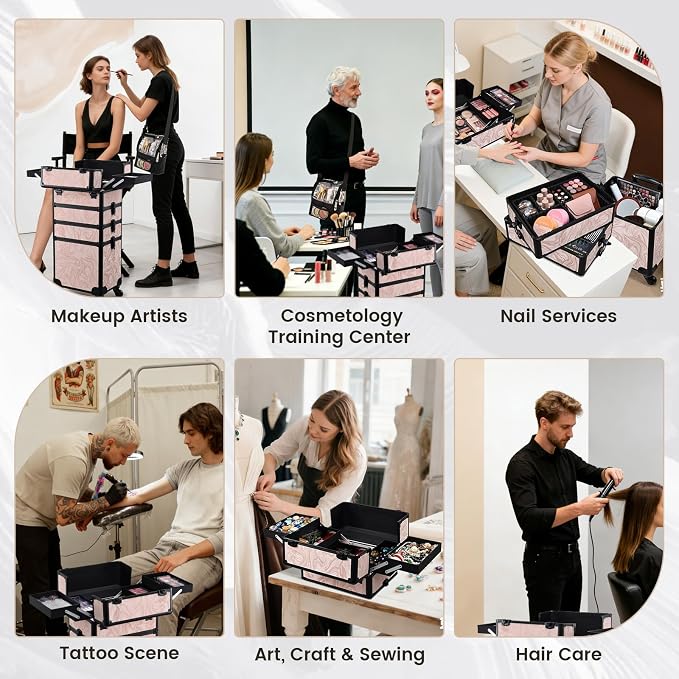 Stagiant Rolling Makeup Case 4 in 1 Cosmetology Case on Wheels Makeup Travel Case with Cosmetic Bag Key Swivel Wheels Salon Barber Case Traveling Cart Trunk Cosmetic Trolley Alpine Pink - Image 7
